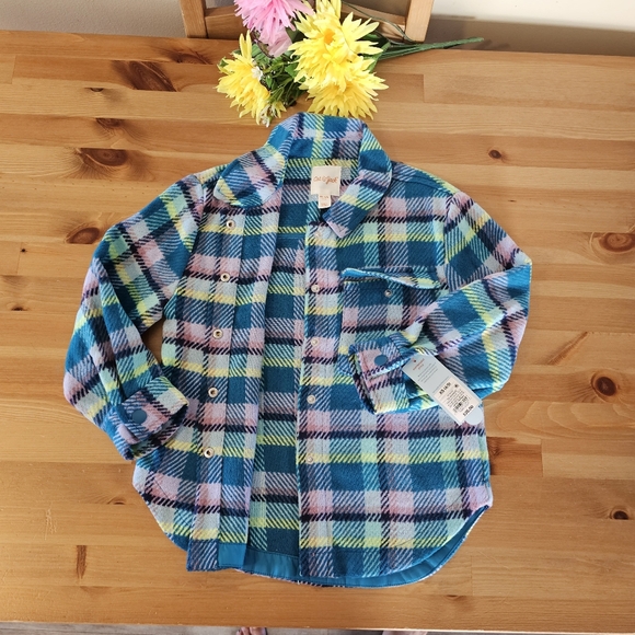 Cat & Jack - Girls' Plaid Button-Front Long Sleeve Shacket - Teal Blue Plaid - Picture 5 of 13
